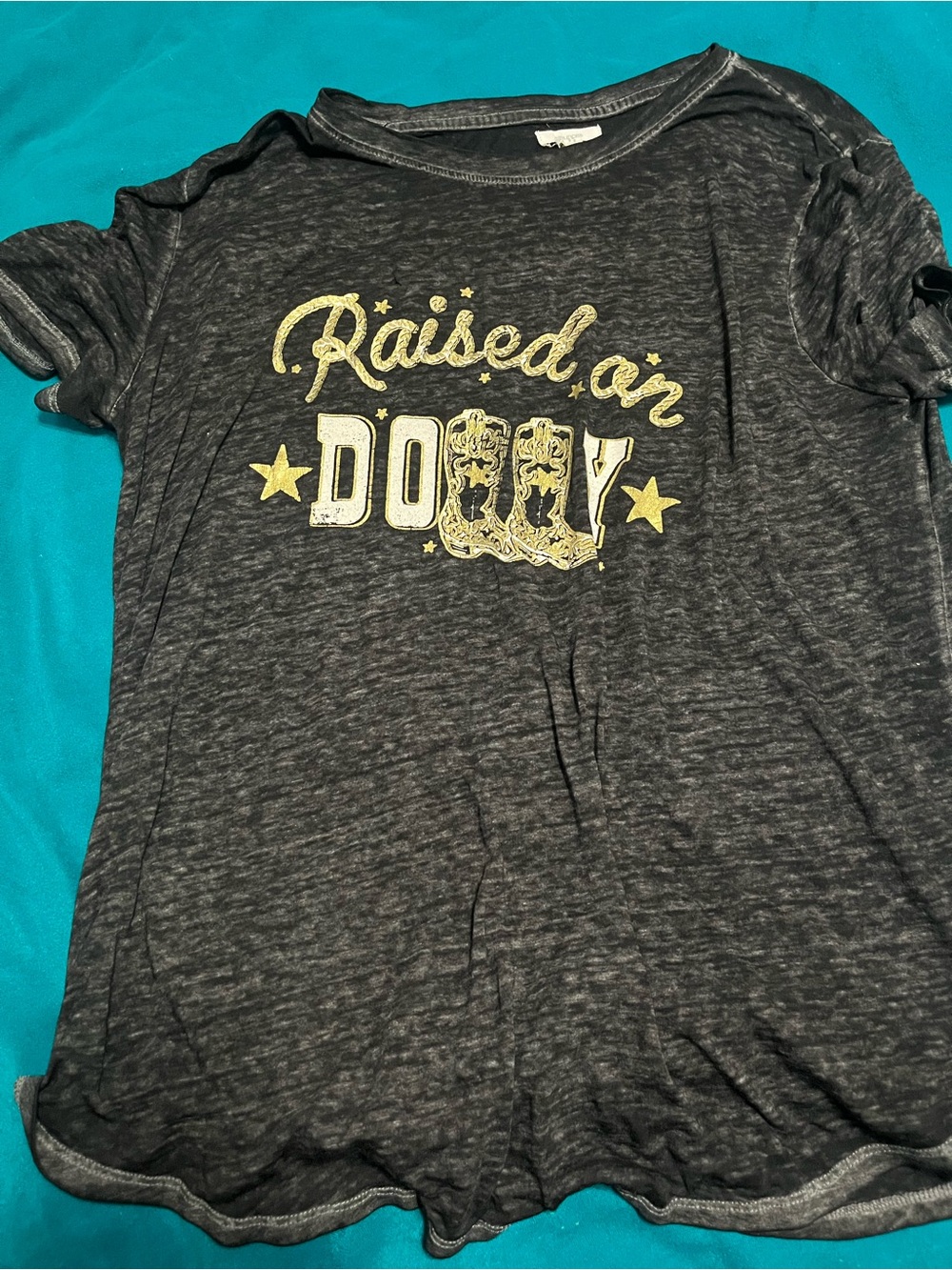 Raised on Dolly Women’s Graphic Tee - Charcoal with Gold Print